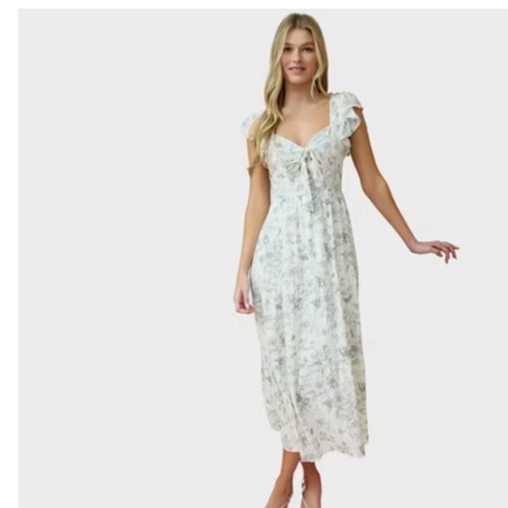 NWOT August Sky Smock Bow Tie Ruffle Sleeve Rayon Floral Sage White Midi Dress